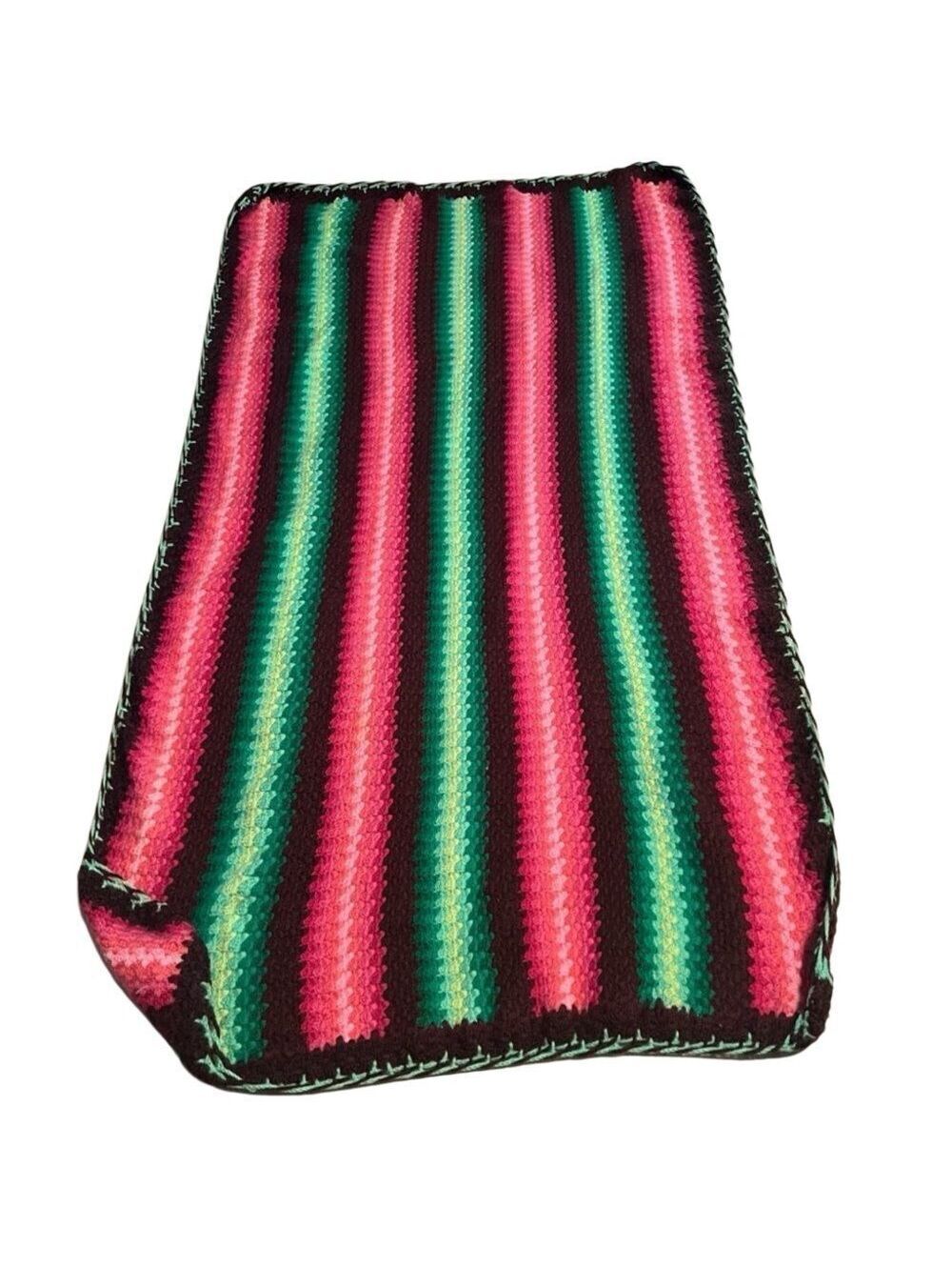 70s Crochet Dopamine Psychedelic VTG 60s Pink Green Stripe Granny Afghan Blanket
